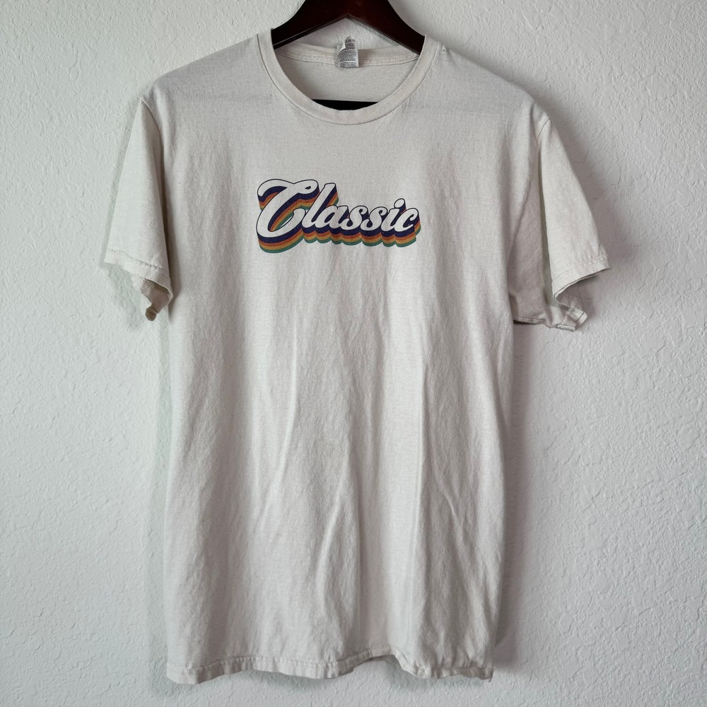 Fruit of the Loom Classic Graphic T-Shirt Mens Medium Cream Retro Rainbow Tee